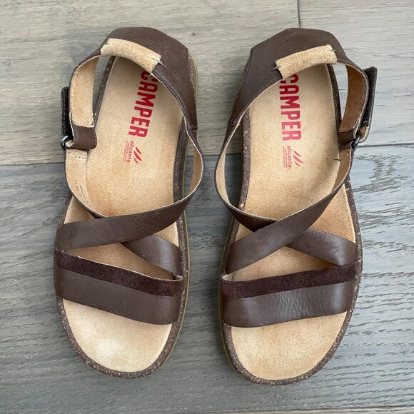 Camper Alicante Leather Strappy Sandals w Velcro Close Chocolate Brown Sz 37 - Picture 4 of 14